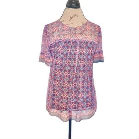 Womens Knit Mesh Blouse Top Size Medium Ruffle Pleated Boho Gypsy - Picture 1 of 12